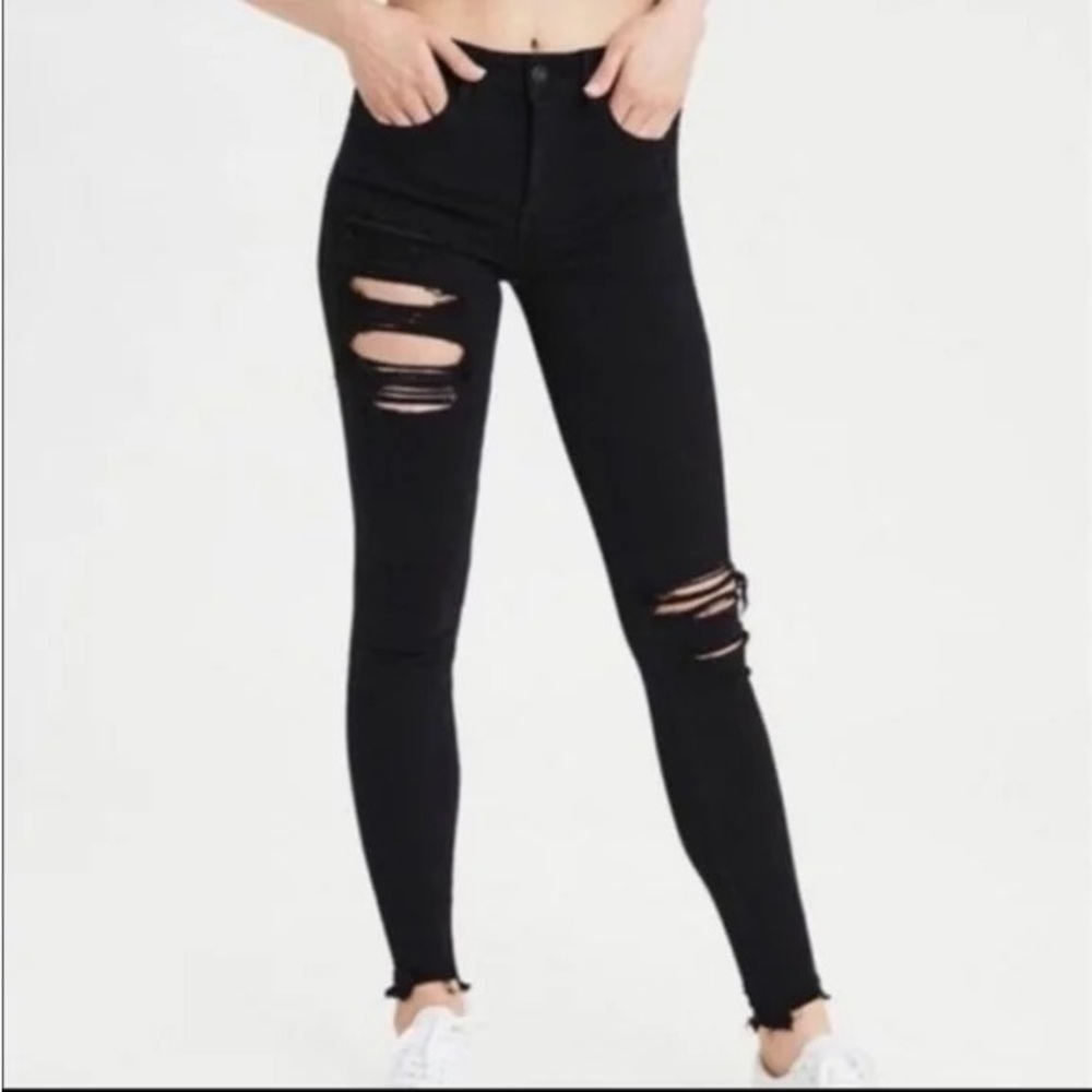 AE Next Level Stretch High Waisted Jegging - Black Ripped - Size 4